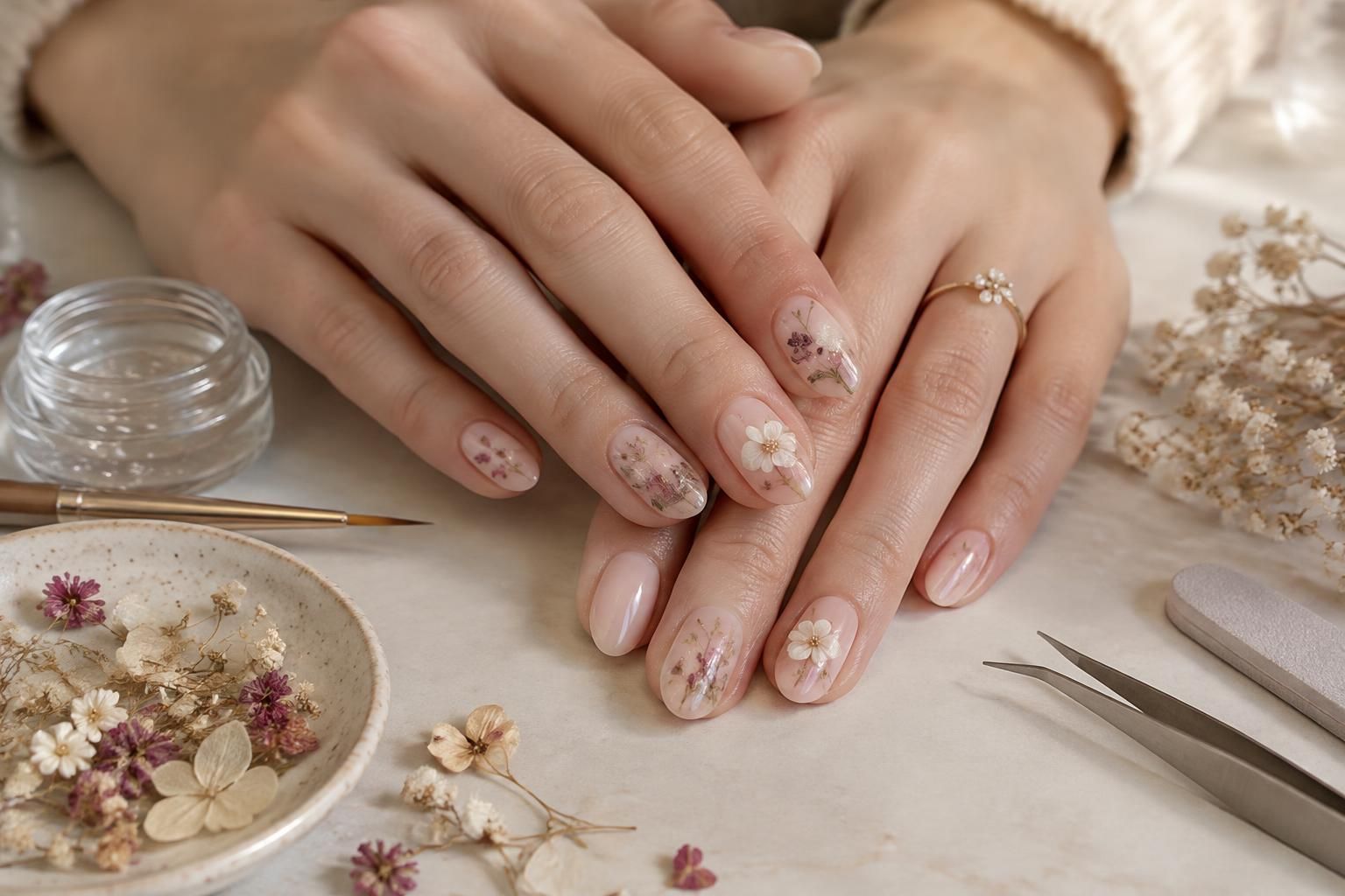 découvrez des techniques faciles pour créer une déco d’ongles fleuris et intégrer des fleurs séchées en 3d à vos manucures.